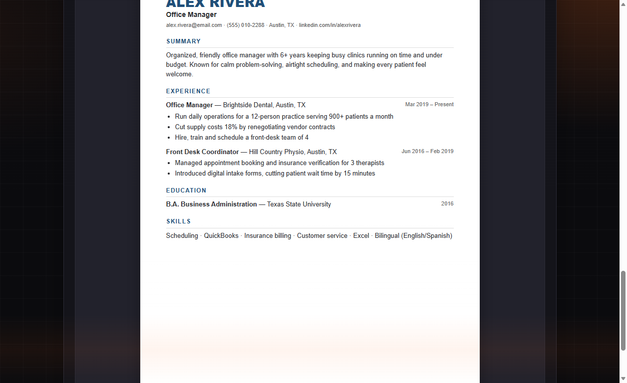 Live resume preview showing the formatted resume